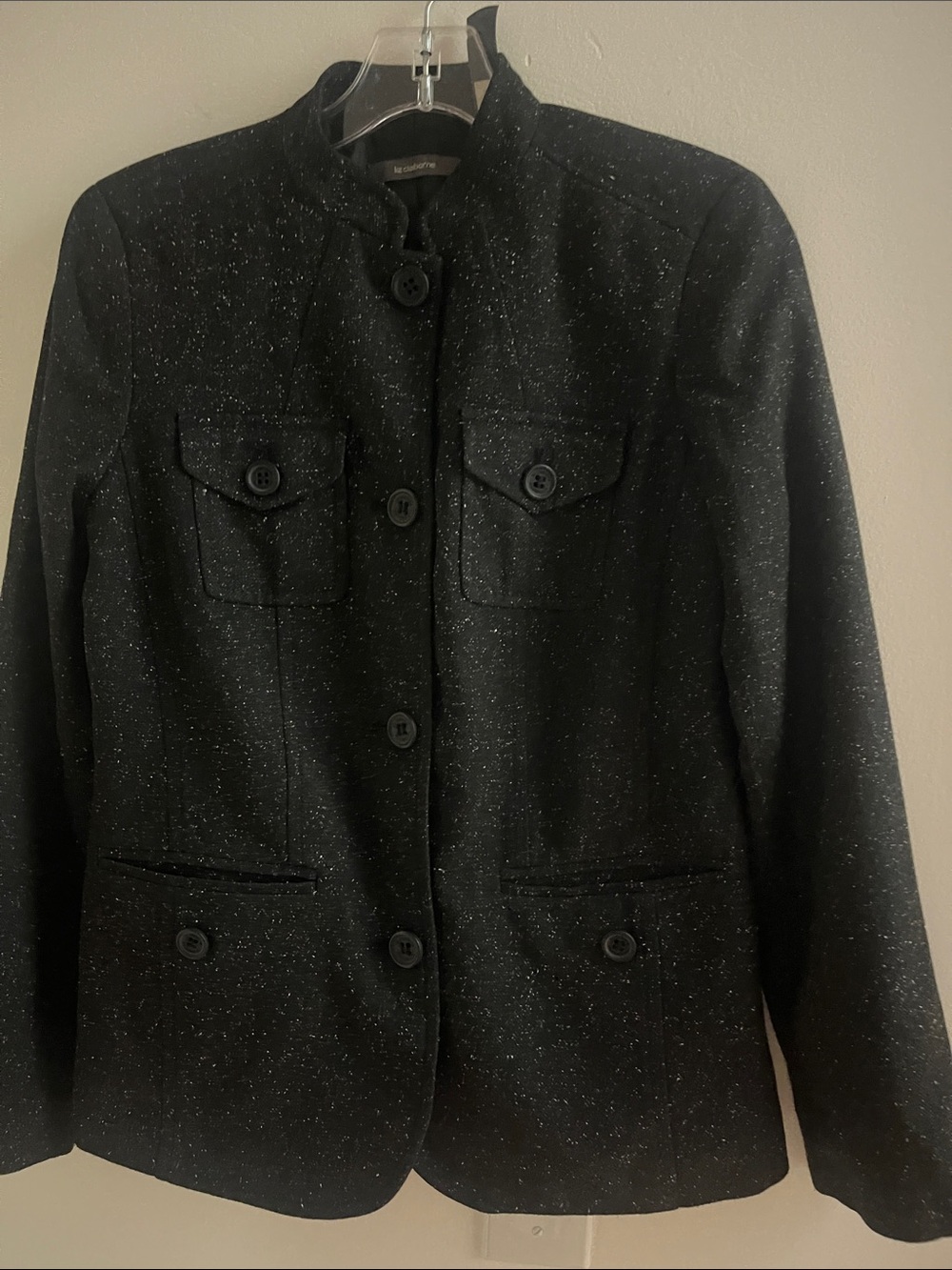 LIz Claiborne Black Tweed Utility Jacket Stand Color Sz 6
